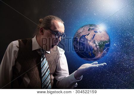 Funny Scientist Looking To Universe And Planet Earth