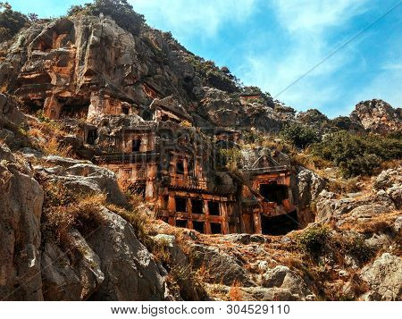 Lycian Tombs Of Mira Remains Of Ancient Tombs In The Rock Lycian Culture Close-up Photo