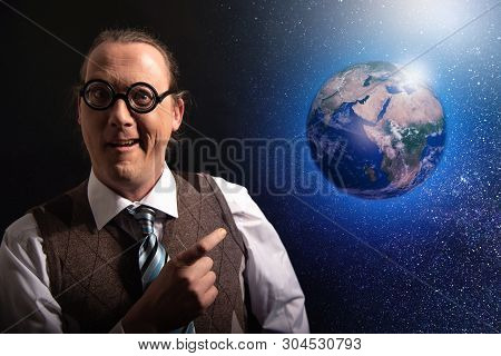 Funny Scientist Looking To Universe And Planet Earth