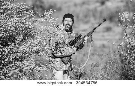 Man Hunter With Rifle Gun. Boot Camp. Military Uniform Fashion. Bearded Man Hunter. Army Forces. Cam