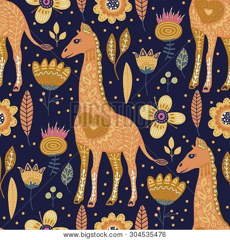 Seamless Pattern With Cartoon Giraffe Vector Flat Illustration In Scandinavian Style. Cute African A