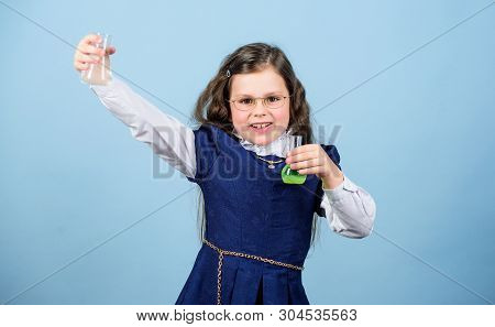 Science Research In Lab. Small Genius Girl. Education And Knowledge. Small Girl Scientist With Testi