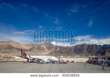 Leh Ladakh, India - April 2019 : Vistara Aviation Airplane Has Been Arrived In Leh Airport With Clea