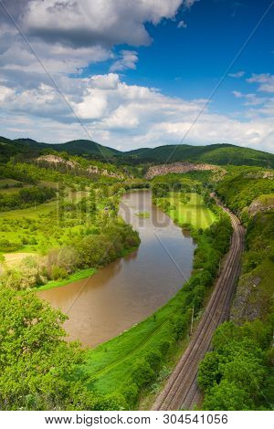 View From The Hill Into The Valley With The Berounka River. Berounka River, Limestone Rocks, Meadows