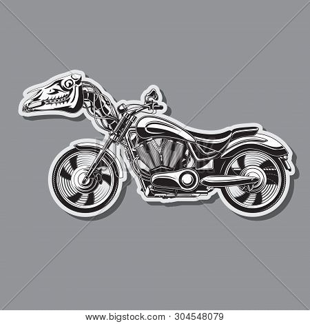 Heavy Motorcycle With A Mechanical Horse Skull. Vector Image. Eps
