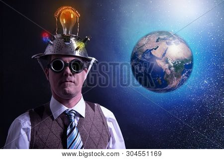 Funny Scientist Looking To Universe And Planet Earth