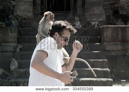 Lopburi ,thailand - November 25 ,2018 : Unidentified Tourists Is Fun With Monkeys. Because It Climbe