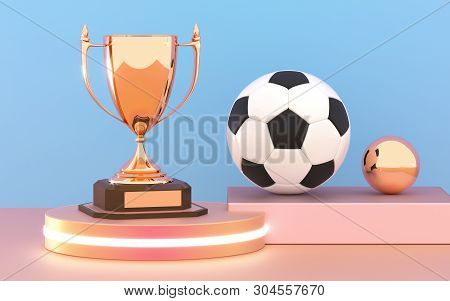 Golden Trophy Cup With Soccer Ball On The Podium. Winner Cup And Football Ball. Shiny Golden Trophy 
