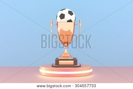 Golden Trophy Cup With Soccer Ball On The Podium. Winner Cup And Football Ball. Shiny Golden Trophy 