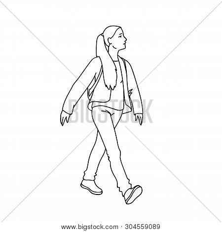 Cute Girl With Long Hair Taking A Walk. Black Lines Isolated On White Background. Concept. Vector Il