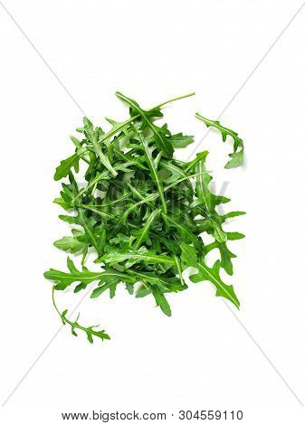 Heap Of Arugula Leaves. Fresh Green Arugula Or Rucola Leaves Isolated On White With Clipping Path. T