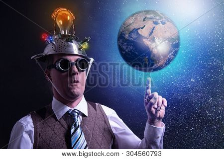 Funny Scientist Looking To Universe And Planet Earth