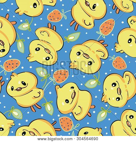 Blue Vector Repeat Pattern With Yellow Kawaii Inspired Cartoon Chicken. Japanese Comic Style.surface