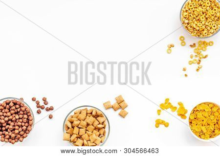 Cereals, Oatflakes And Cornflakes For Healthy Breakfast On White Background Top View Mock Up