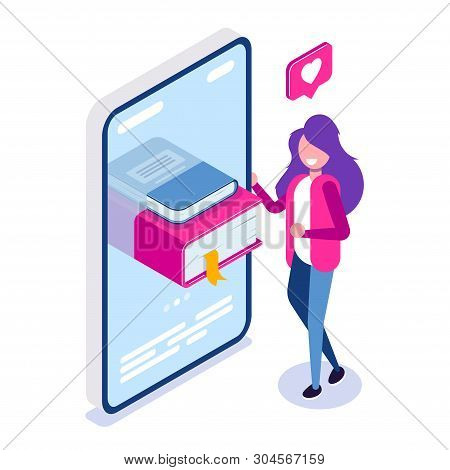 Online Library Concept. Books In Your Phone Or Tablet. Young Girl Love To Read. Can Use For Web Bann
