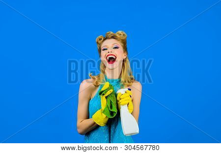 Cleaning Service. Smiling Girl With Rag And Bottle Spray. Cleaning Pin Up Woman. Housewife Ready For