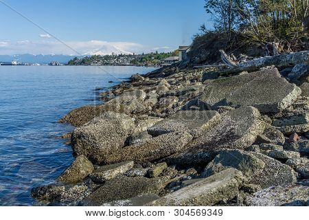 A View Of Mount Rainier And The Ruston Shoreline.