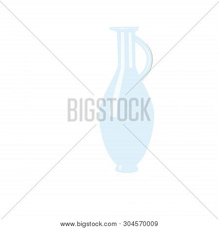 Glass Empty Flagon With Handle. Tranparent Icy-white Decanter On White Background. Flask For Juice, 