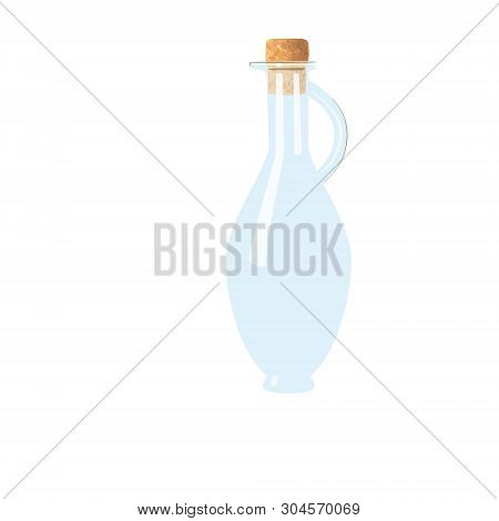 Glass Empty Flagon With Cork, Handle. Tranparent Icy-white Decanter On White Background