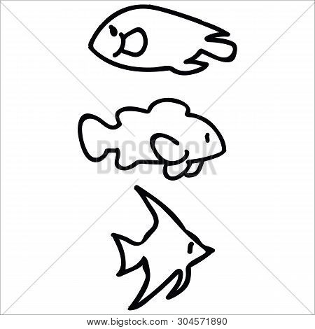 Cute Tropical Fish Monochrome Lineart Cartoon Vector Illustration Motif Set. Hand Drawn Isolated Sur