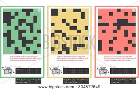 Education Game For Children. Iq Test. Create A Robot Walking Algorithm. 3 Page For Book Or Magazin. 