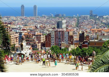 Barcelona, Spain, July 22, 2014. Observation Deck In Park Guell. This Park Is One Of The Projects Of