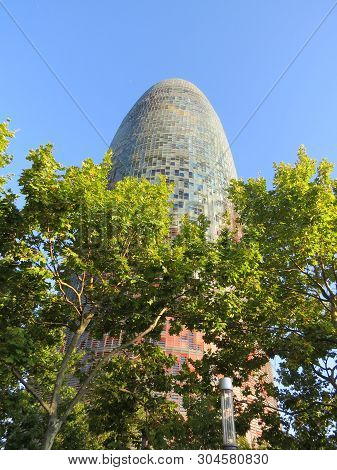 Barcelona, Spain, July 22, 2014. Agbar Tower Is A 38-storey Tower Near Plaza Catalunya. Phallic Symb