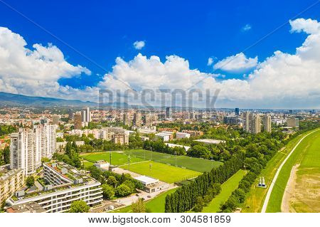 Aerial View Of Zagreb, Croatia, Sava River From Air, City Skyline, Green Landscape On Summer Day