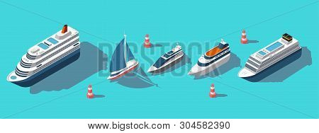 Isometric Ferries, Yachts, Boats, Passenger Ships Vector Set. Illustration Of Ship Ferry And Boat, S