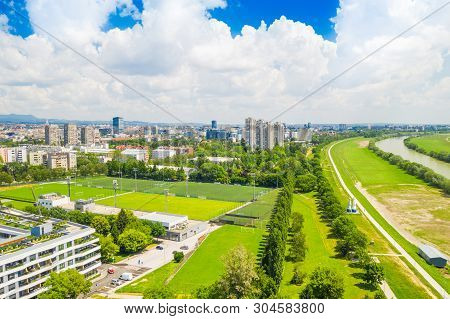 Aerial View Of Zagreb, Croatia, Sava River From Air, City Skyline, Green Landscape On Summer Day