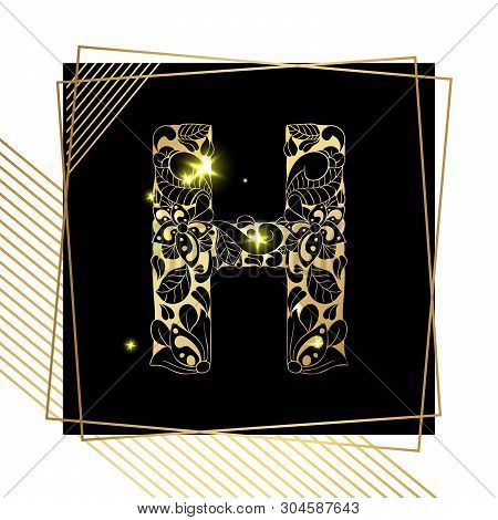 Golden Floral Ornamental Alphabet, Initial Letter H Font With Modern Stylized Frames. Abstract Lines