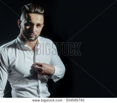 People, Business, Fashion And Clothing Concept. Close Up Of Man In Shirt Dressing Up At Home. Busine
