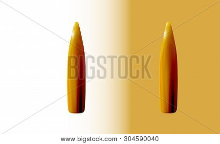 Two Isolated Gold Bullets Kalashnikov Or Rifle, 3d Realistic , Golden Or Brass On Light Background, 