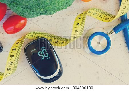 Raw Vegetables With Blood Glucose Meter And Stethoscope, Close Up, Diabetes Healthy Diet Concept, To