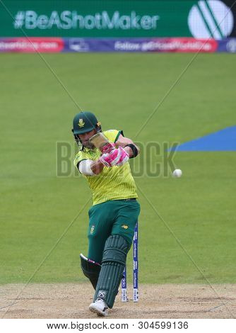 LONDON, ENGLAND. 02 JUNE 2019:  Faf du Plessis of South Africa hits the ball for four runs during the South Africa v Bangladesh, ICC Cricket World Cup match, at the Kia Oval, London, England.