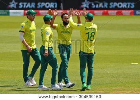 LONDON, ENGLAND. 02 JUNE 2019: Imran Tahir of South Africa celebrates taking the wicket of Shakib Al Hasan of Bangladesh during the South Africa v Bangladesh, ICC Cricket World Cup match