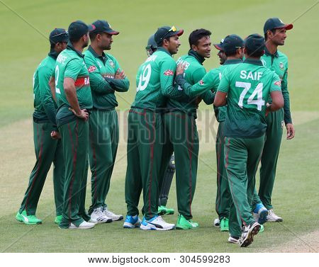 LONDON, ENGLAND. 02 JUNE 2019: Shakib Al Hasan of Bangladesh celebrates taking the wicket of Aiden Markram of South Africa  during the South Africa v Bangladesh, ICC Cricket World Cup match