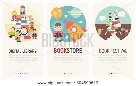 Mobile App Page Onboard Screen Set. Screens Template For Digital Library, Bookstore, Book Festival W