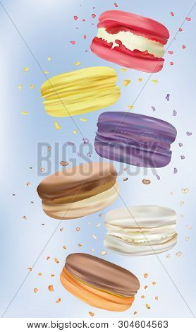 Collection Colorful Macaroon In Motion Isolated On Blue Background. Differend Sweet French Macaroons