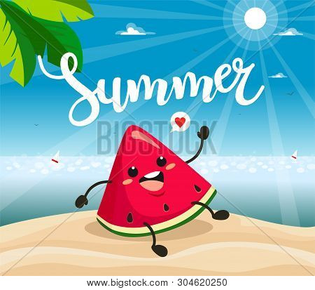 Summer Poster Design With Vector Watermelon Characters. Vector