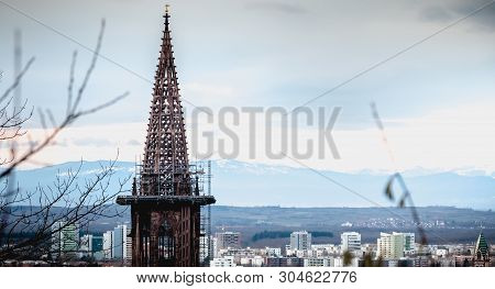 Aerial View Of The Clock Tower Of The Freiburg Munster Cathedral