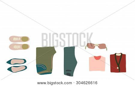 Vector Illustration Top View Luggage. Flat Lay Concept. Open Packed Suitcase. Advertising, Poster, B