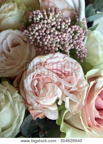 Spring Bouquet Of Mixed Colorful Flowers. Flowers Bouquet Including Ozothamnus, Lisianthus, Pink Ros