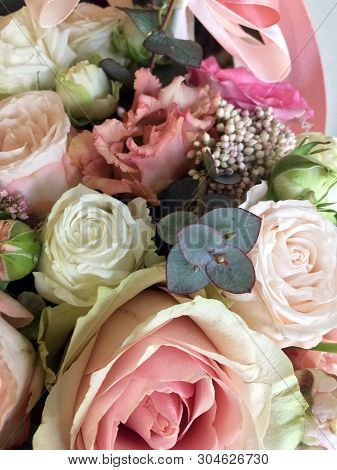 Spring Bouquet Of Mixed Colorful Flowers. Flowers Bouquet Including Ozothamnus, Lisianthus, Pink Ros