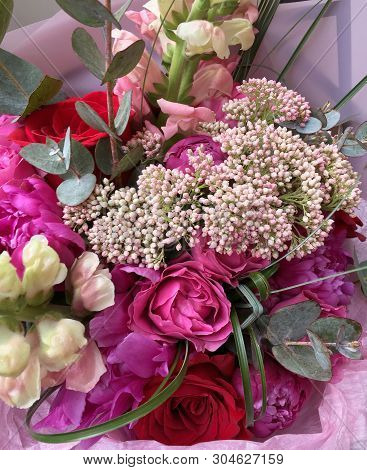 Spring Bouquet Of Mixed Colorful Flowers. Flowers Bouquet Including Ozothamnus, Lisianthus, Pink Ros