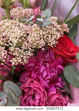 Spring Bouquet Of Mixed Colorful Flowers. Flowers Bouquet Including Ozothamnus, Lisianthus, Pink Ros