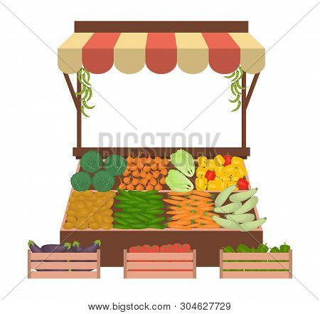 Tray With Vegetables On The Market. Workplace Of The Market Seller. There Is Scales And Goods: Cucum