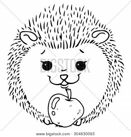 Hedgehog Icon. Vector Illustration Of A Cute Cartoon Hedgehog With An Apple. Hand Drawn Smiling Hedg