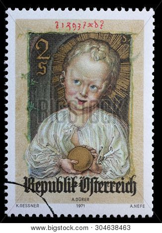 ZAGREB, CROATIA - JULY 02, 2014: A stamp issued in the Austria shows Jesus as Redeemer, miniature by Albrecht Durer, circa 1971.