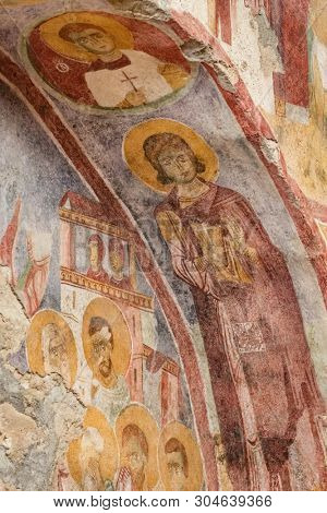 Demre, Turkey - November 3, 2018: Ancient frescoes in the St. Nicholas Byzantine Greek Church in Demre, Turkey
